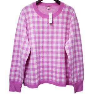 NWT J. Crew 100% Cashmere Crew Neck Sweater Gingham Pink White Women's Size XL